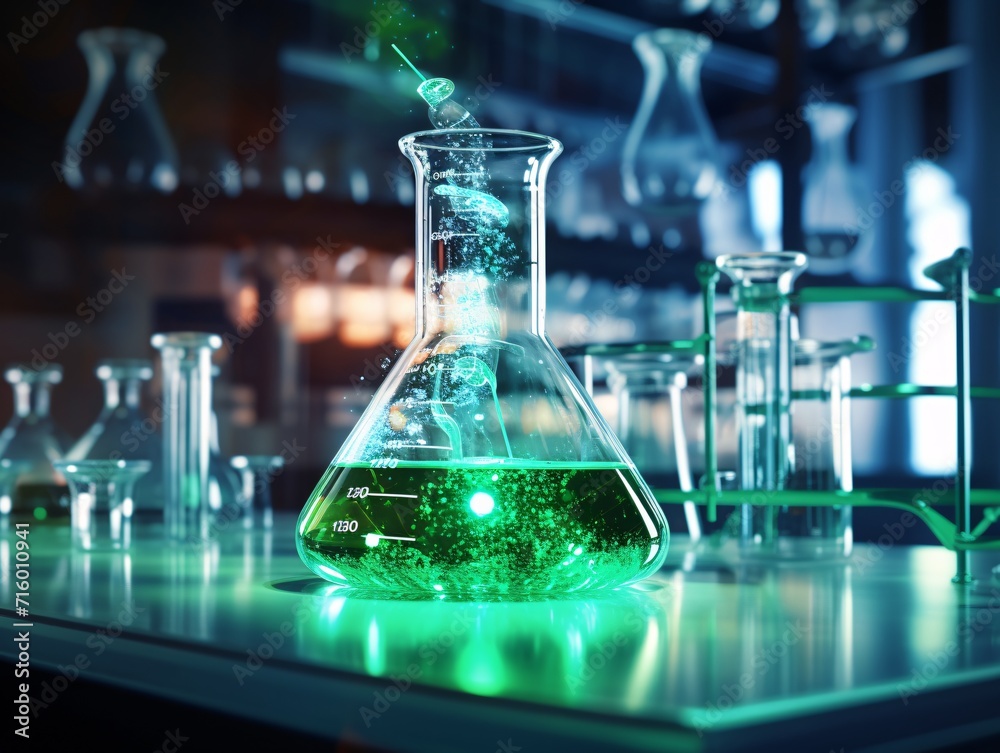 A green liquid in a glass beaker with a green glow Generative AI A green liquid in a glass beaker with a green glow Generative AI