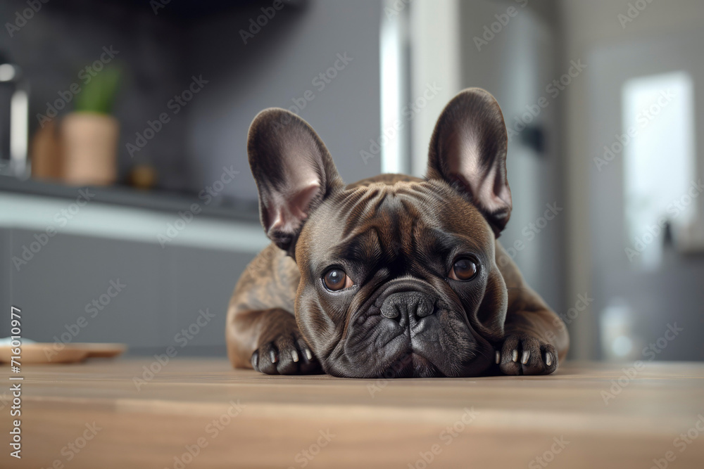 Sad french bulldog pet lying on floor at home. Sick dog has no appetite. Dry food is spread on the floor. Favorite pet feel bad, lonely. Veterinary concept of care, food, mood of domestic animals.