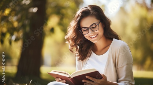 Cropped image of smiling brunette woman in eyeglasses reading book in park