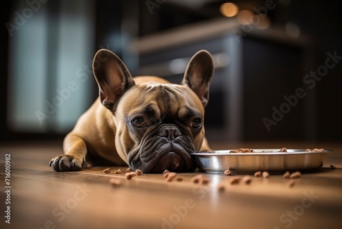 Sad french bulldog pet lying on floor at home. Sick dog has no appetite. Dry food is spread on the floor. Favorite pet feel bad, lonely. Veterinary concept of care, food, mood of domestic animals. © m