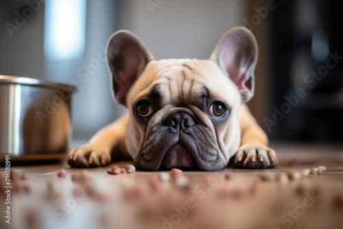 Sad french bulldog pet lying on floor at home. Sick dog has no appetite. Dry food is spread on the floor. Favorite pet feel bad, lonely. Veterinary concept of care, food, mood of domestic animals. © m