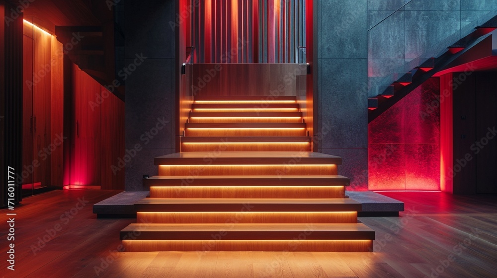 Fototapeta premium A grand wooden staircase in a contemporary home, illuminated by ruby-red lights, adding a rich, safe glow to the interior design. 8k
