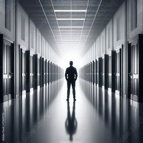 Silhouette of a man standing in a long corridor with a lot of doors.
