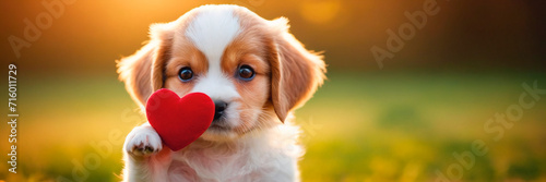 Cute puppy with red heart on green grass. Valentine's day concept.