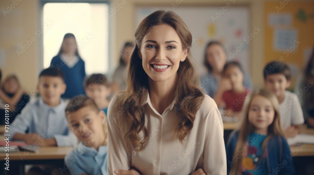 beautiful teacher in a classroom with children