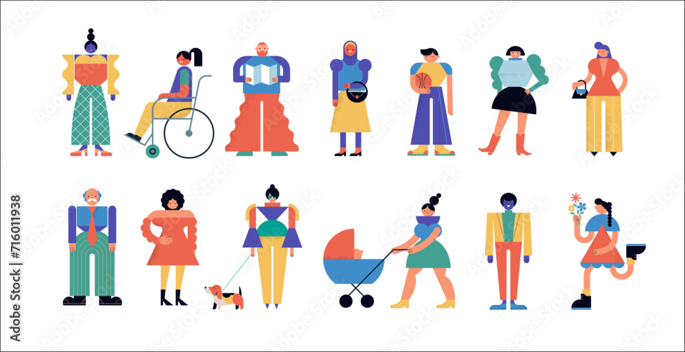 Collection of colorful people characters. Community, family or neighborhood standing together. Fun characters in geometric fun modern style. Colorful concept design.