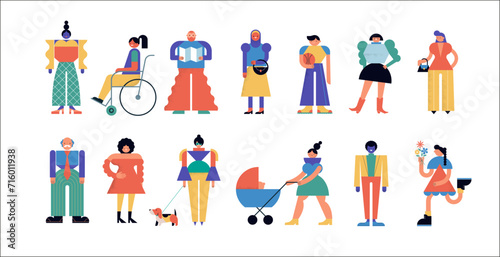 Collection of colorful people characters. Community  family or neighborhood standing together. Fun characters in geometric fun modern style. Colorful concept design.