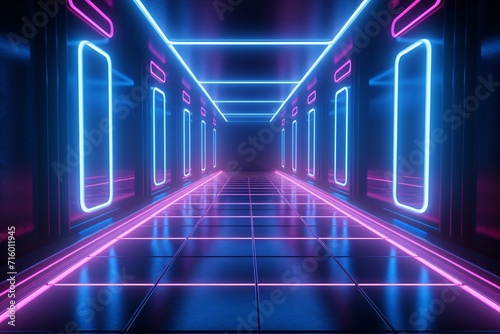 A long, brightly lit hallway with a blue and pink neon glow Generative AI