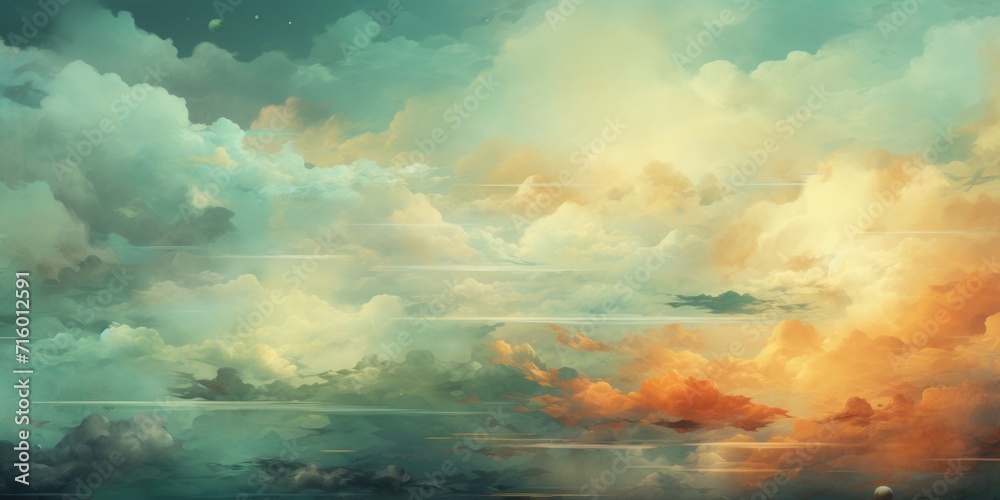 a blue and yellow colored gloomy sky surrounded by clouds, in the style of light teal and light green, gradient color blends - obrazy, fototapety, plakaty 