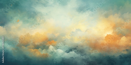 a blue and yellow colored gloomy sky surrounded by clouds, in the style of light teal and light green, gradient color blends