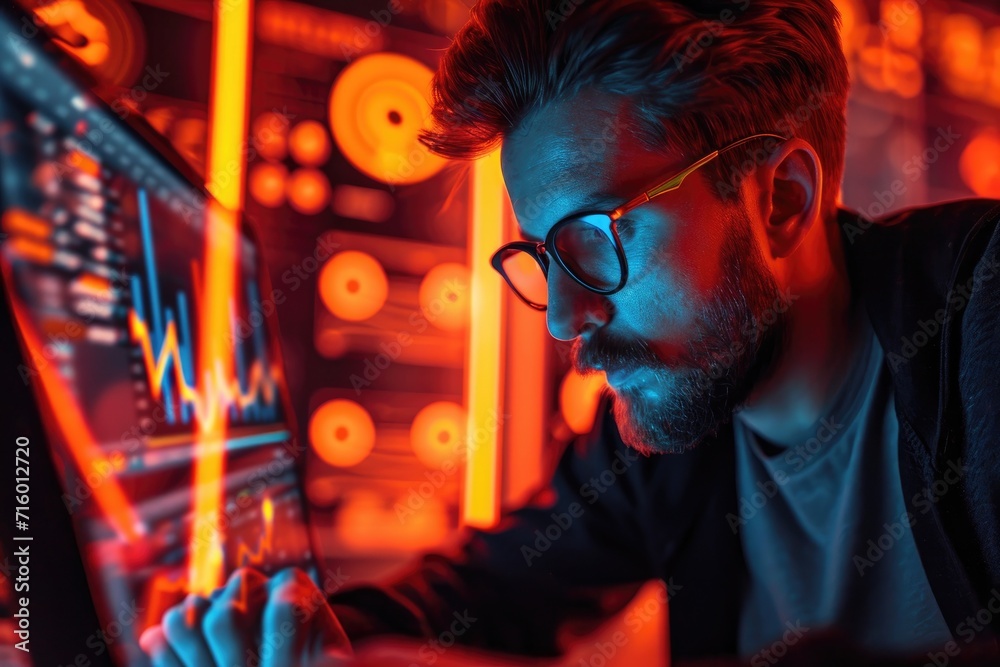 IT specialist is working on a laptop with data, abstract neon lights around IT specialist is working on a laptop with data, abstract neon lights around