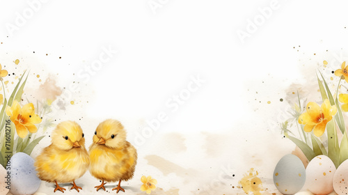Photo Postcard with adorable cute Easter chicks with daffodils and painted eggs, drawn in watercolor