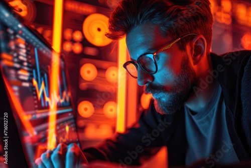 IT specialist is working on a laptop with data, abstract neon lights around