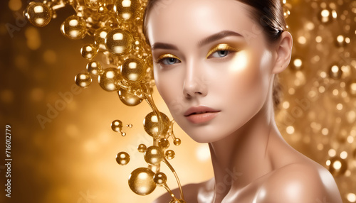 Moisturizing cream, beauty care collagen serum Advertising photo with glamorous female model adorned with golden accents