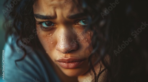 The woman's glistening face reflects the beauty and vulnerability of the human spirit, with each delicate feature highlighted by the sparkling water droplets that cling to her skin © AiAgency