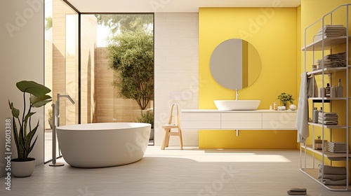 The right lighting highlights the details of the yellow ceramic tiles, reflecting the simplicity and elegance of a Mediterranean-style bathroom.