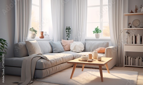 A cozy living room with a white couch and a wooden coffee table Generative AI