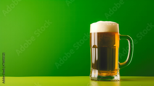 Une pinte de bière avec un fond vert symbolisant la Saint-Patrick.