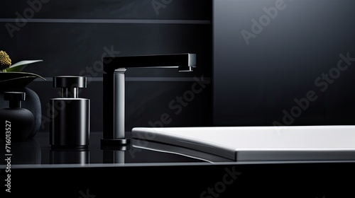 Faucet and sink in a bath or kitchen in a dark color scheme, emphasizing the utility of each item, as well as the functionality of the sink, dispenser, soap, faucet in a minimalist style