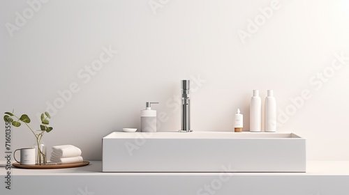 Bathroom elements are arranged with purpose and precision  emphasizing the utility of each item  as well as the functionality of the sink  dispenser  soap  faucet in a minimalist style.