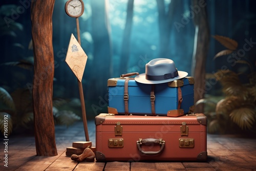 A vintage suitcase with a hat and a clock Generative AI