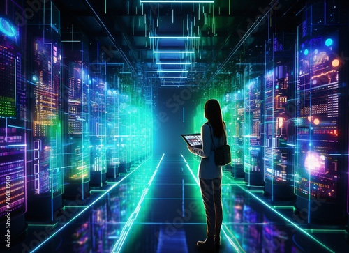 A woman standing in front of a large computer server with a laptop Generative AI
