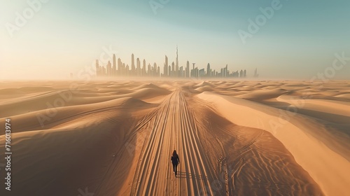 View from above, stunning aerial view of an unidentified person walking on a deserted road covered by sand dunes with the Dubai Skyline in the background. Dubai, United Arab Emirates. photo
