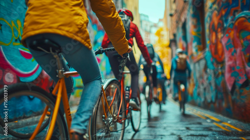 A lively scene of cyclists in motion, framed by the expressive graffiti of an urban alley. A rider in a bright yellow jacket stands out, leading the eye through the image.