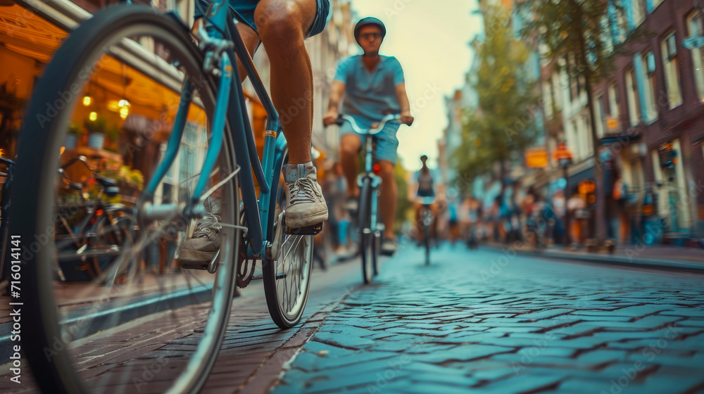 Naklejka premium An intimate, street-level look at urban cycling, focusing on a bicycle's wheel and rider's foot in motion. The background blur of other cyclists and the city street.