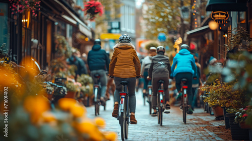 cyclists from behind as they ride down a picturesque city street lined with quaint shops and adorned with the warm colors of autumn. 