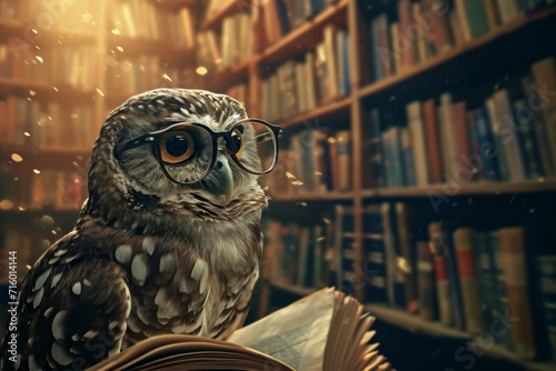 A wise owl perches atop a book, its spectacled gaze scanning the rows of knowledge within the cozy bookcase