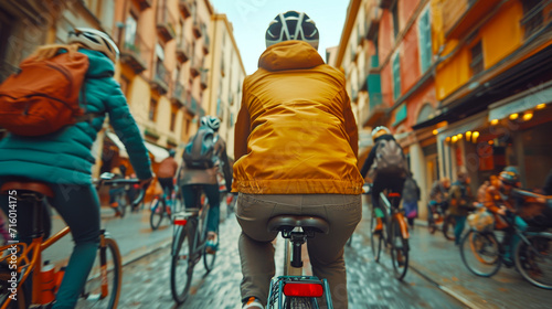 The back of a cyclist in a mustard-colored jacket, leading the viewer through a bustling city street scene. The blurred background with cyclists and colorful facades creates a sense of depth.