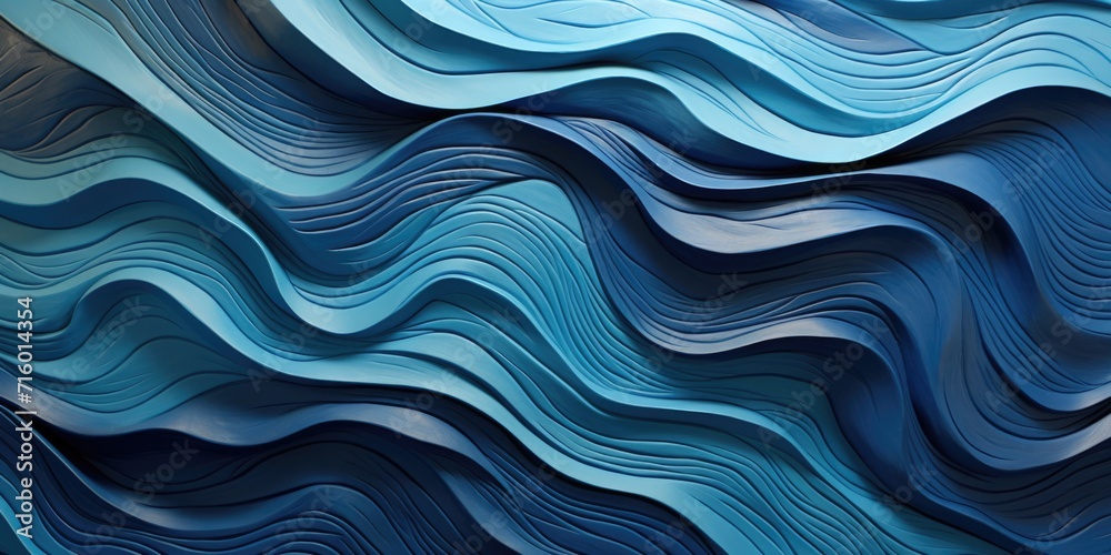 blue abstract with blue waves on it, in the style of carved surfaces, layered fibers, large-scale murals, wood engraving, layered lines, precisionist art, tactile