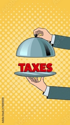 Taxes on serving tray plate. Vertical Video animation. Hand drawn in a cartoon style. High quality 4k footage