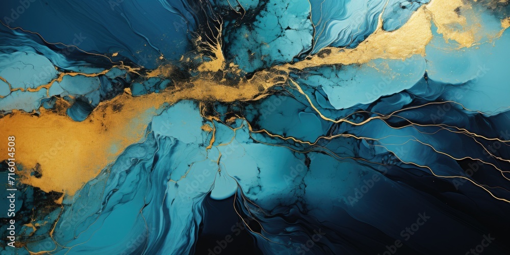 Naklejka premium an abstract blue and gold canvas on which a gold medallion is poured, in the style of fluid formations, technology-based art