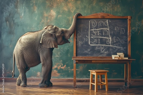A majestic indian elephant stands next to a chalkboard, ready to paint its thoughts and emotions onto the indoor ground photo