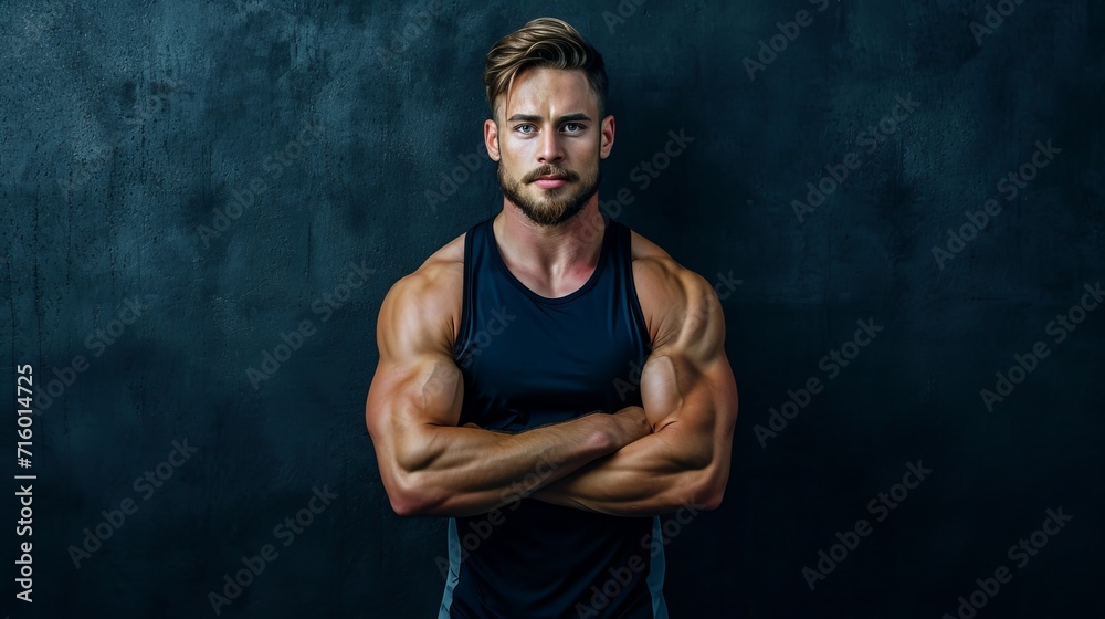 A barechested man with a sleeveless shirt showcases his impressive muscular arms and defined chest, exuding strength and determination in his pursuit of physical fitness through bodybuilding