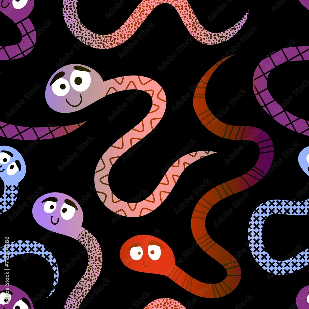 Fototapeta premium Summer cartoon animals seamless snake pattern for wrapping paper and fabrics and kids print and new 2025 year