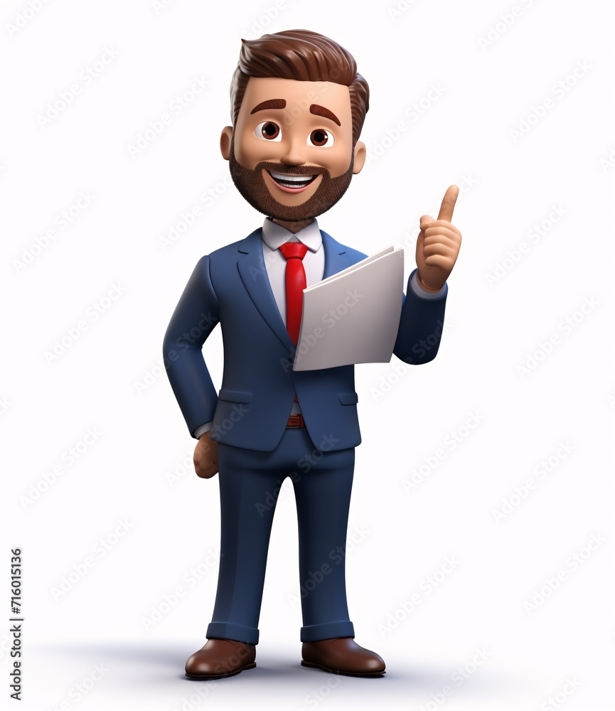 Fototapeta premium A smiling cartoon man in a suit holding a clipboard Generative AI