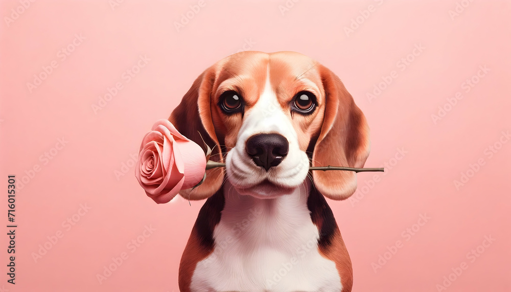 happy cute dog with a rose in his mouth for valentine day, birthday or anniversary, on a pink background	