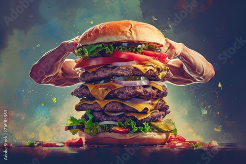 An iconic american meal comes to life in a bold and playful painting, as a giant burger with human-like hands atop its fluffy bun invites us to indulge in the flavorful world of fast food photo