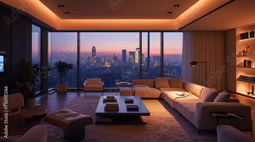 Uma sala de estar moderna banhada por uma iluminação ambiente suave com móveis elegantes e decoração minimalista