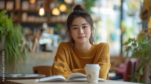 Young beauty Asian woman enjoying a cup of coffee in cafe Casual Lifestyle Poses