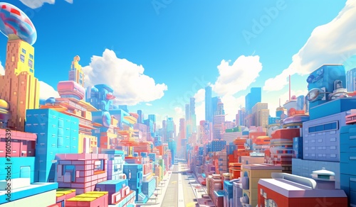 A vibrant cityscape with a blue sky and colorful buildings Generative AI