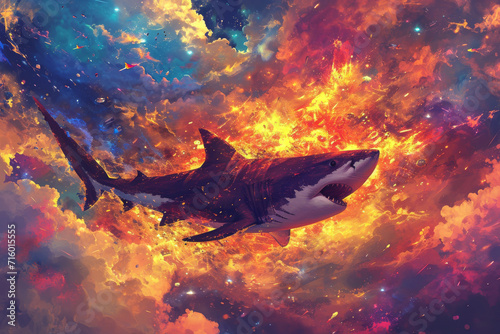A magnificent shark gracefully soars through the vibrant colors of a reef, captured in a stunning painting that evokes a sense of wonder and awe