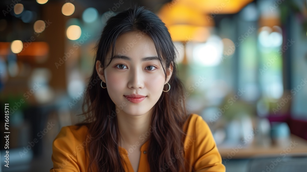 Portrait of Asian woman smiling in a restaurant Portrait of Asian woman smiling in a restaurant