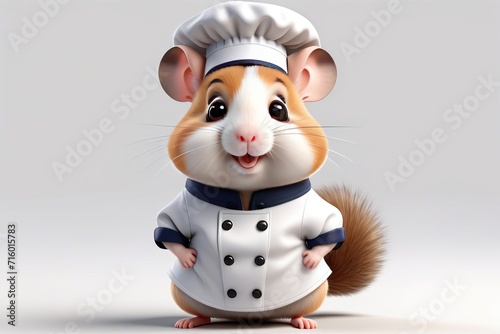 Cute cartoon 3D hamster character, wearing chef hat and apron at the light background.