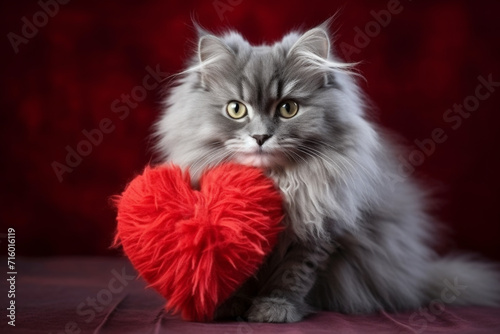 Gray Cute Kitten with Red Fluffy Heart  © fotoyou