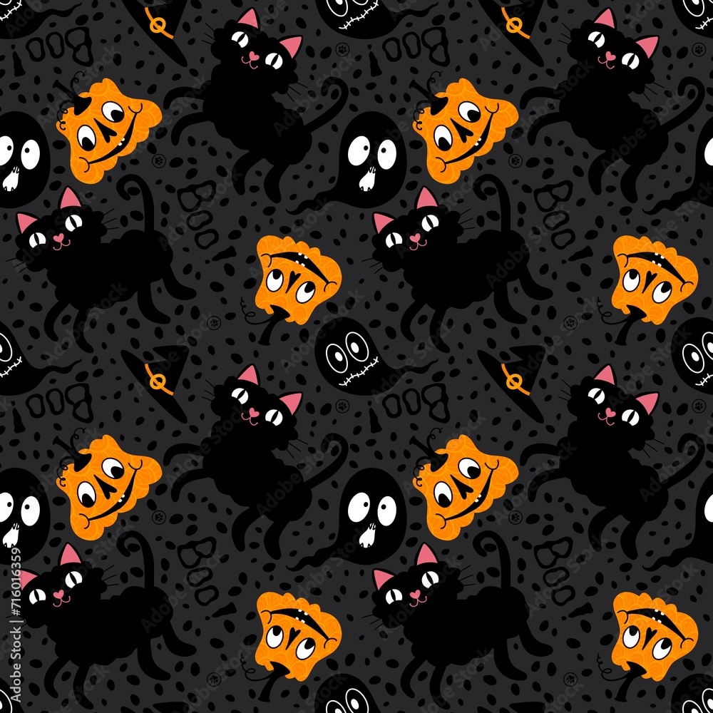 Halloween cartoon animals seamless cats and pumpkins and ghost pattern for wrapping paper and fabrics Halloween cartoon animals seamless cats and pumpkins and ghost pattern for wrapping paper and fabrics
