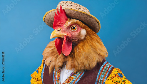 Hippie chicken with hat on solid blue background, commercial, advertisement, surrealism. Creative animal humanization concept.  photo